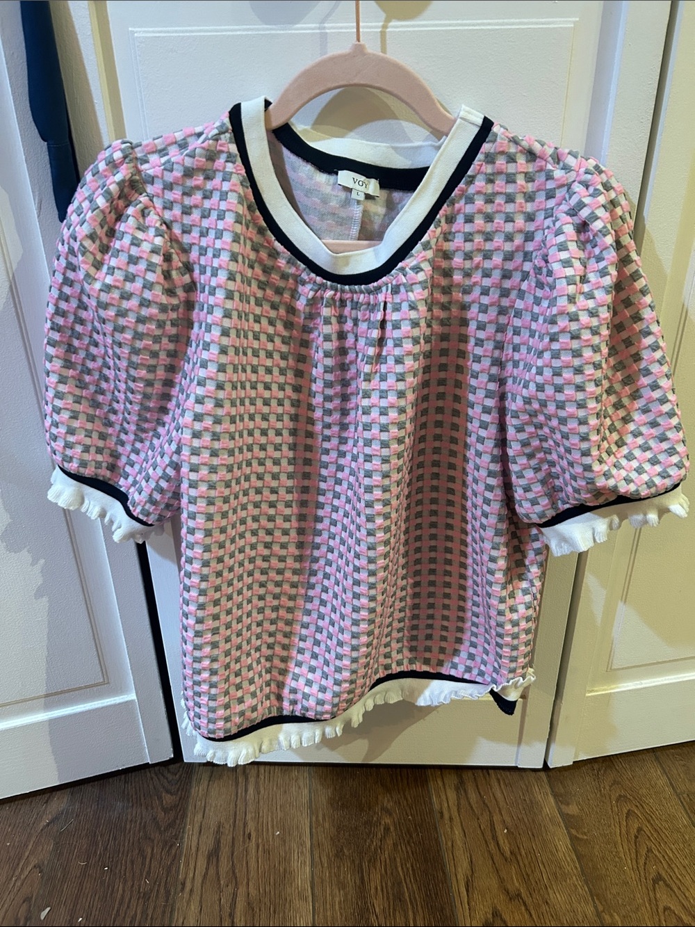 599. Striped Band Detailed Gingham Knit Top - Picture 2 of 4